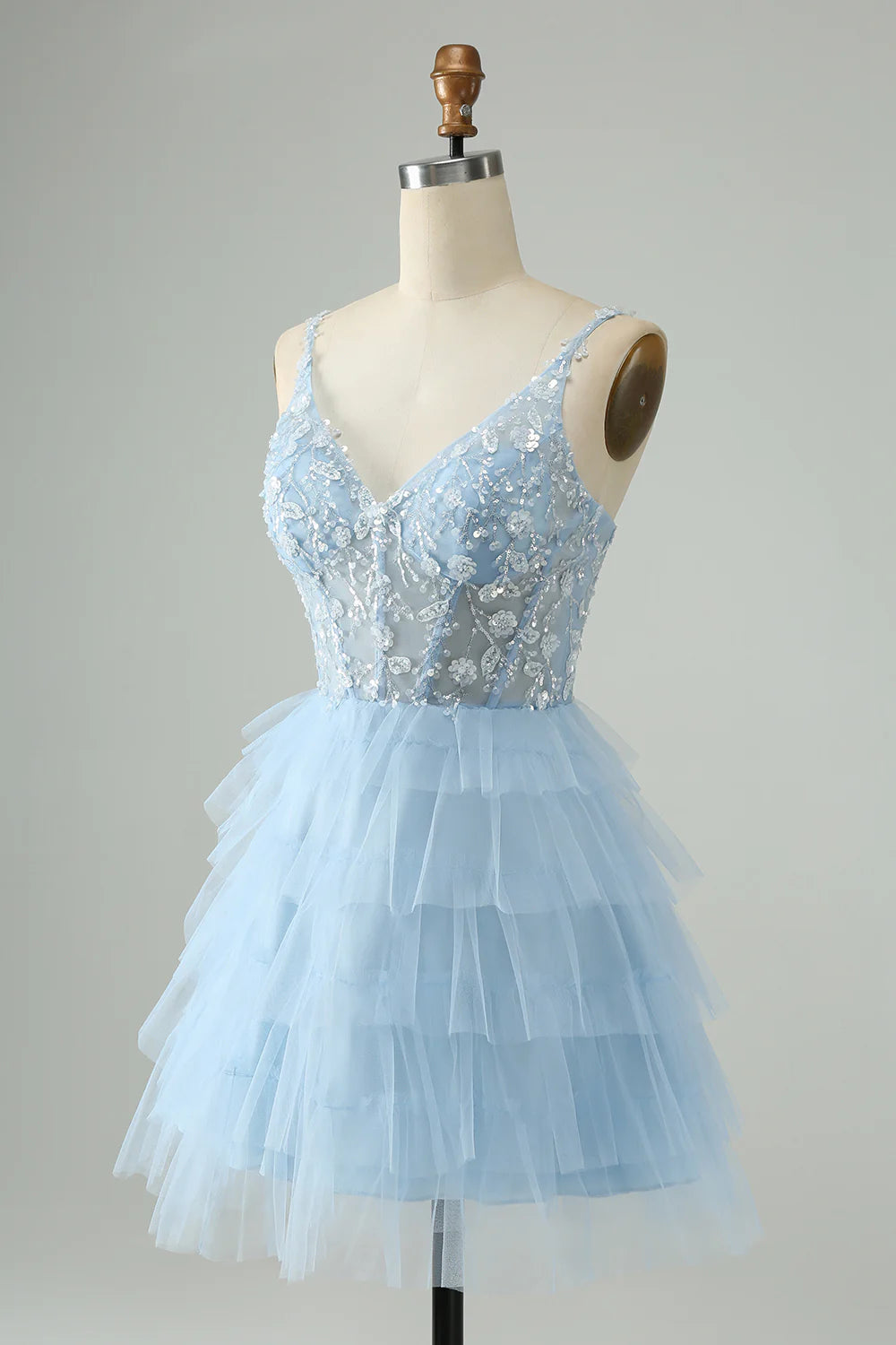 Amzcw Cute Sky Blue A Line Spaghetti Straps Tiered Short Homecoming Dress with Sequins