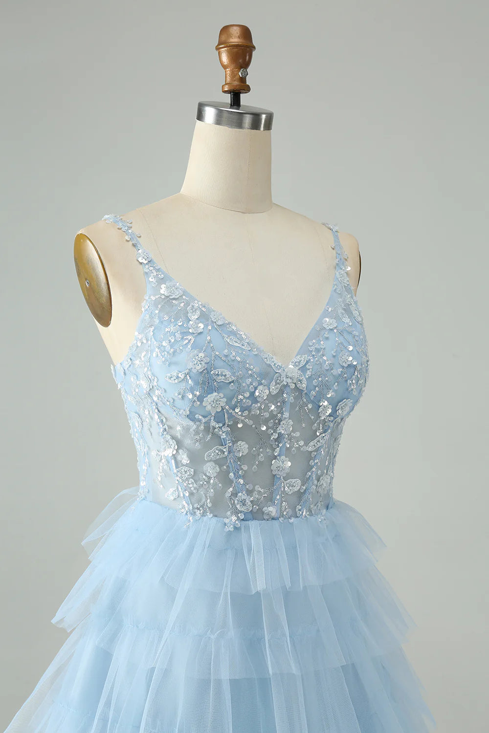 Amzcw Cute Sky Blue A Line Spaghetti Straps Tiered Short Homecoming Dress with Sequins
