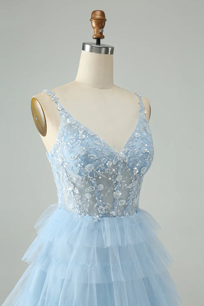 Amzcw Cute Sky Blue A Line Spaghetti Straps Tiered Short Homecoming Dress with Sequins