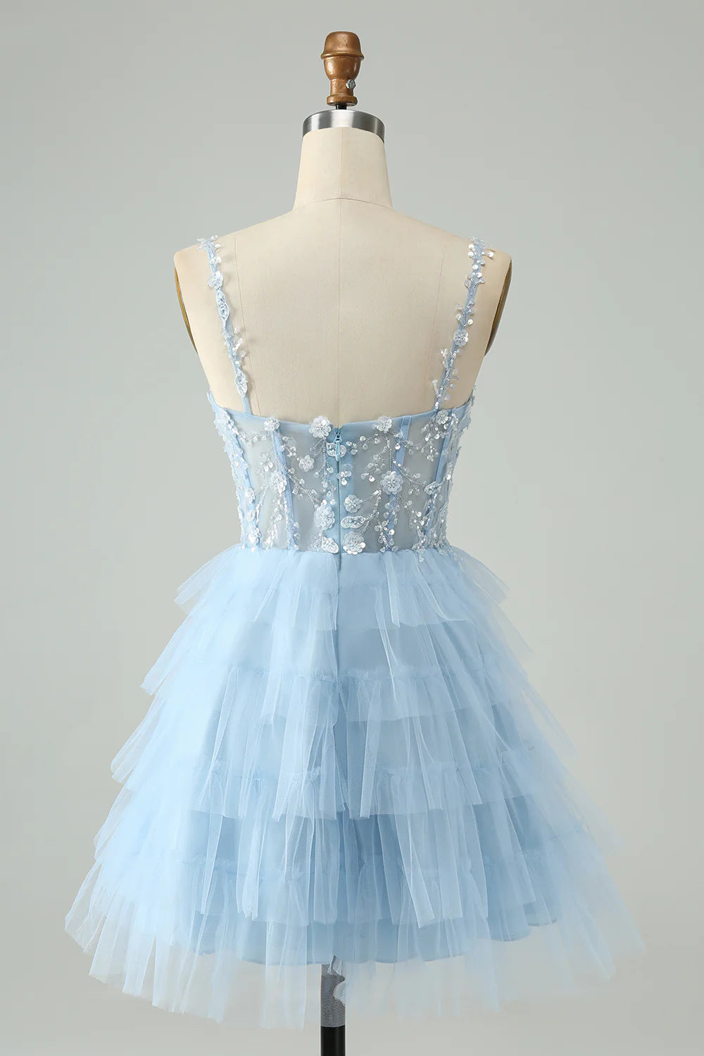 Amzcw Cute Sky Blue A Line Spaghetti Straps Tiered Short Homecoming Dress with Sequins