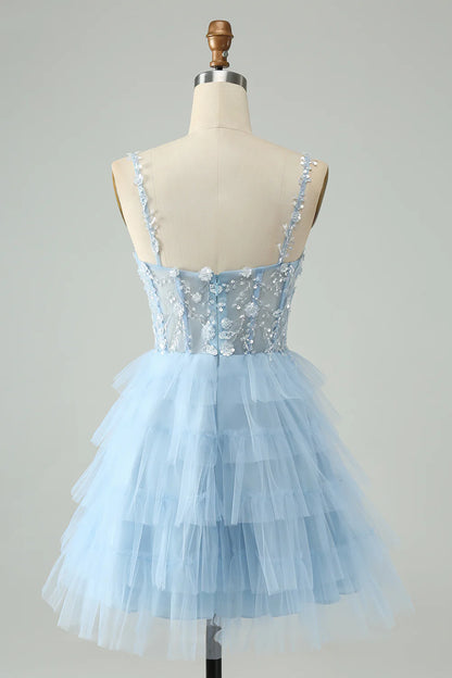 Amzcw Cute Sky Blue A Line Spaghetti Straps Tiered Short Homecoming Dress with Sequins