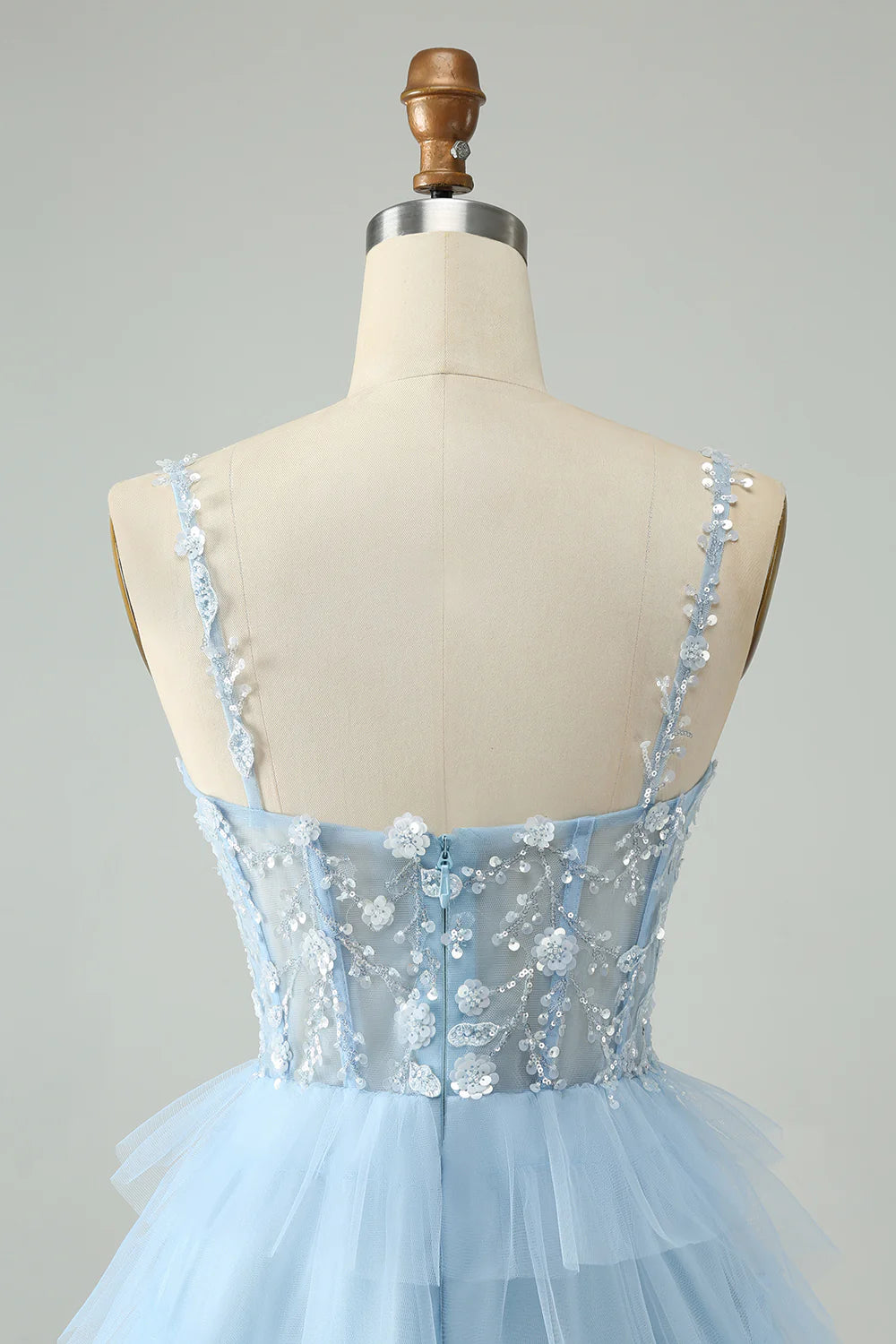 Amzcw Cute Sky Blue A Line Spaghetti Straps Tiered Short Homecoming Dress with Sequins
