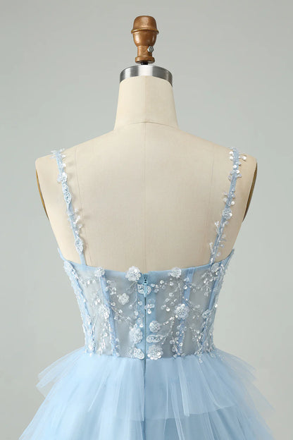 Amzcw Cute Sky Blue A Line Spaghetti Straps Tiered Short Homecoming Dress with Sequins