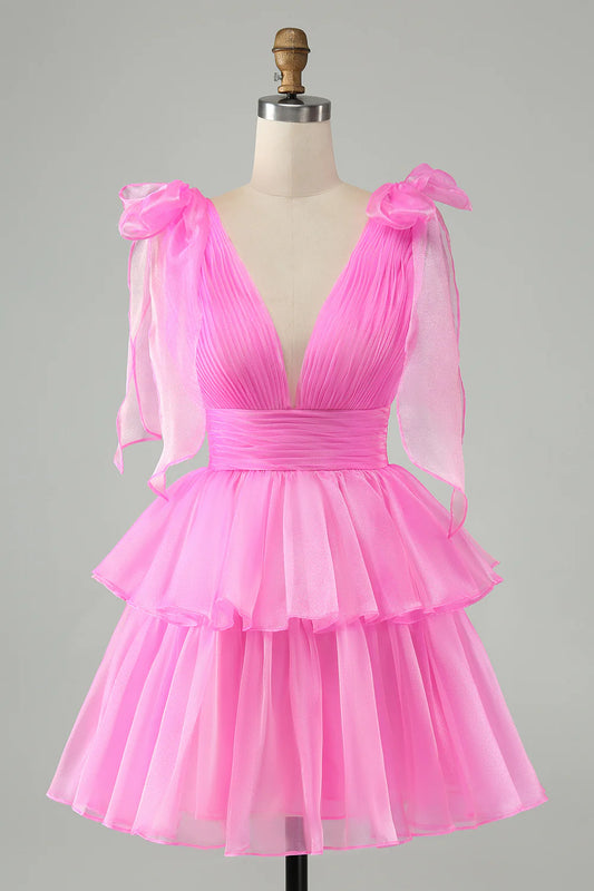 Amzcw Cute Hot Pink A Line V Neck Backless Pleated Tiered Short Homecoming Dress