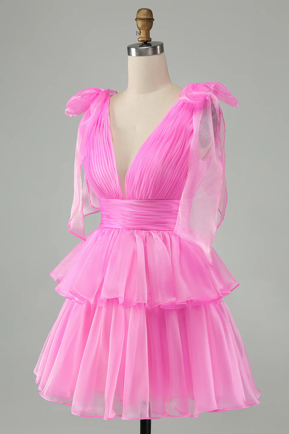Amzcw Cute Hot Pink A Line V Neck Backless Pleated Tiered Short Homecoming Dress