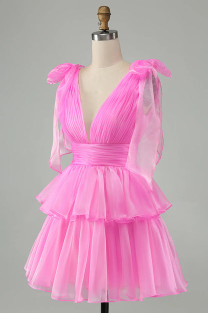 Amzcw Cute Hot Pink A Line V Neck Backless Pleated Tiered Short Homecoming Dress
