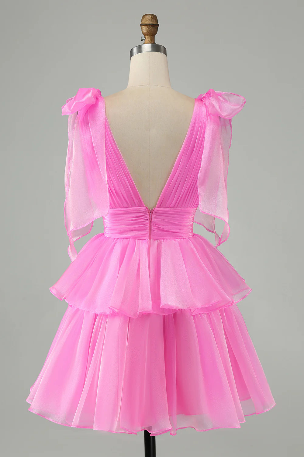 Amzcw Cute Hot Pink A Line V Neck Backless Pleated Tiered Short Homecoming Dress