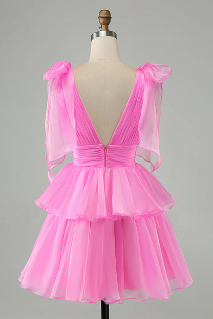 Amzcw Cute Hot Pink A Line V Neck Backless Pleated Tiered Short Homecoming Dress
