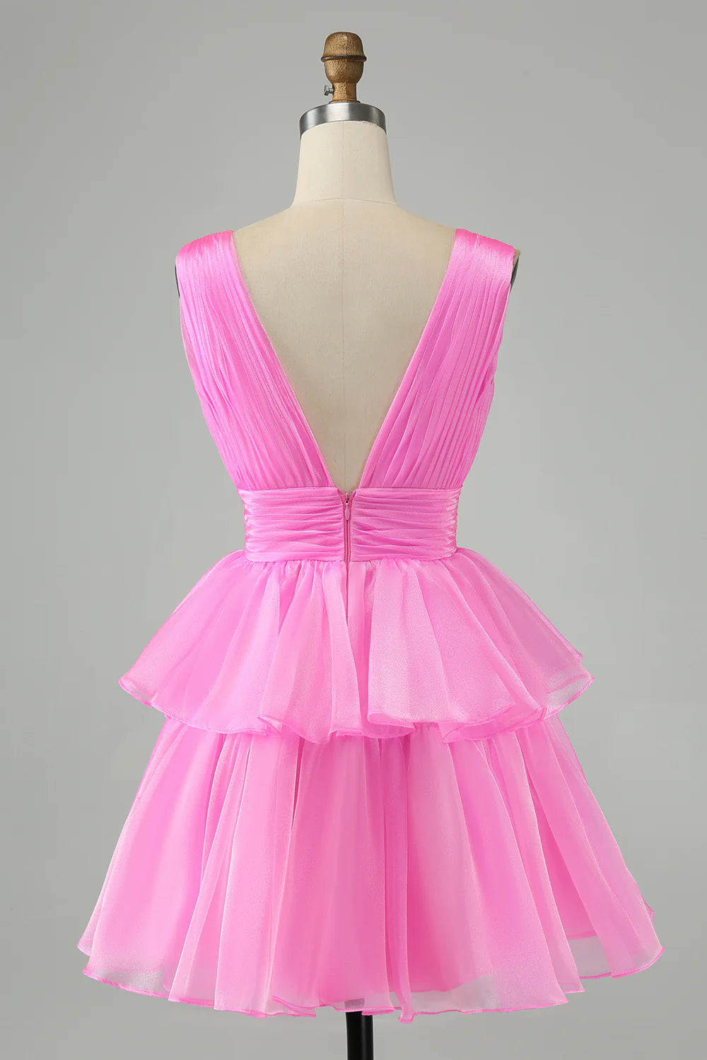 Amzcw Cute Hot Pink A Line V Neck Backless Pleated Tiered Short Homecoming Dress