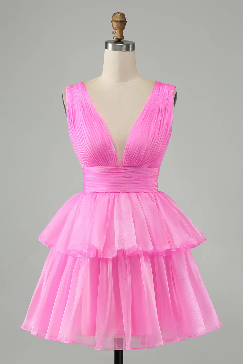 Amzcw Cute Hot Pink A Line V Neck Backless Pleated Tiered Short Homecoming Dress