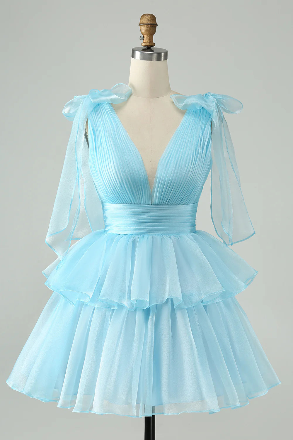 Amzcw Cute Sky Blue A Line V Neck Backless Pleated Tiered Short Homecoming Dress