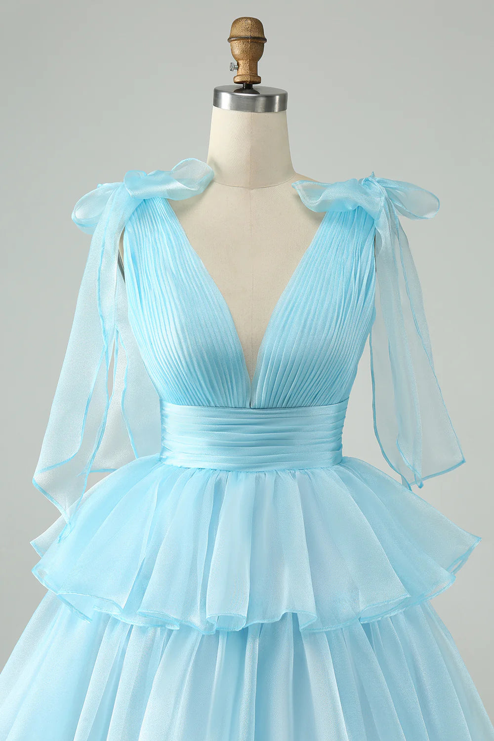 Amzcw Cute Sky Blue A Line V Neck Backless Pleated Tiered Short Homecoming Dress
