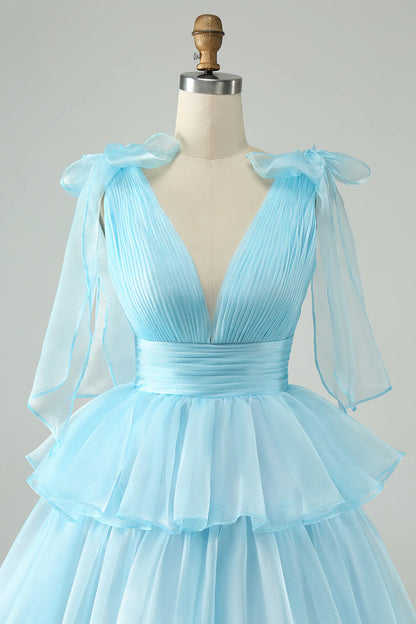 Amzcw Cute Sky Blue A Line V Neck Backless Pleated Tiered Short Homecoming Dress