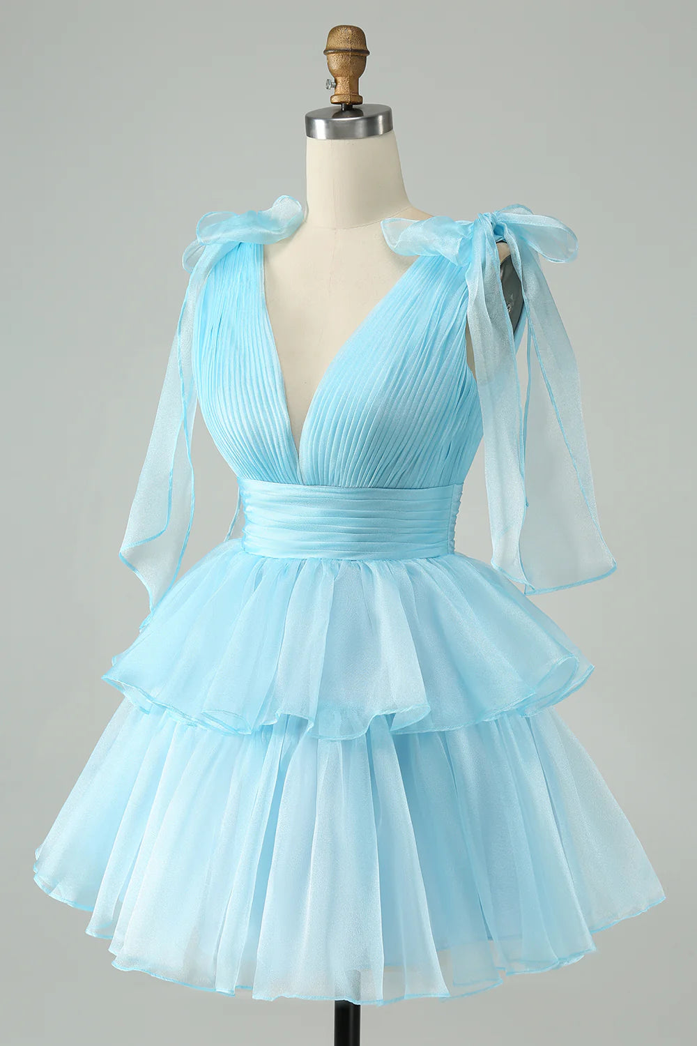 Amzcw Cute Sky Blue A Line V Neck Backless Pleated Tiered Short Homecoming Dress