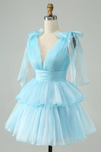 Amzcw Cute Sky Blue A Line V Neck Backless Pleated Tiered Short Homecoming Dress