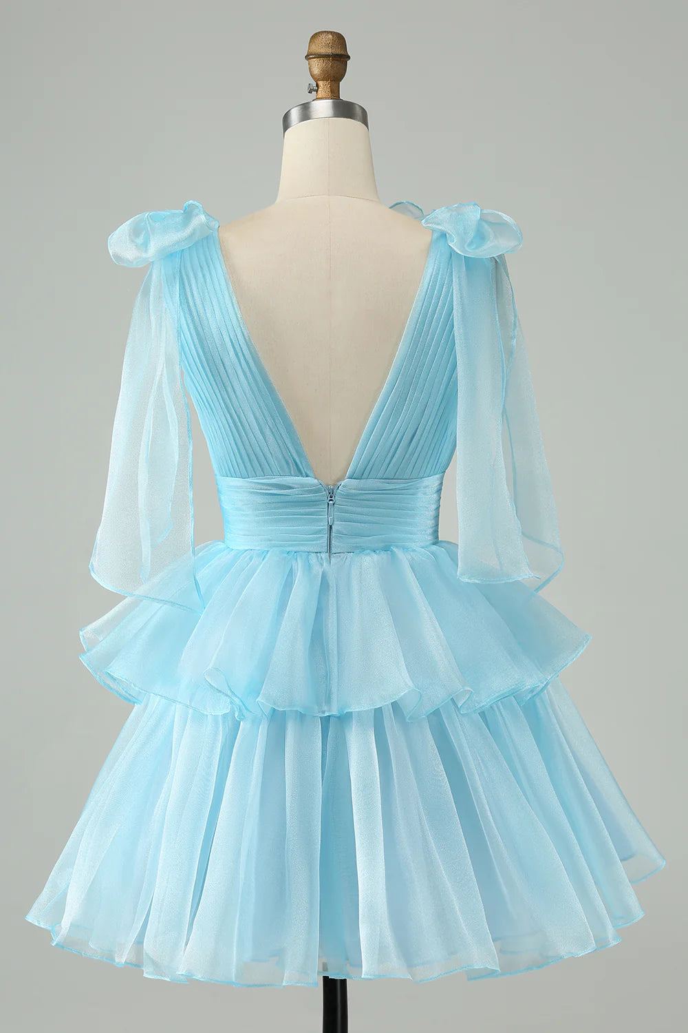 Amzcw Cute Sky Blue A Line V Neck Backless Pleated Tiered Short Homecoming Dress