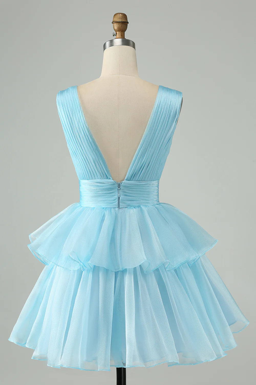 Amzcw Cute Sky Blue A Line V Neck Backless Pleated Tiered Short Homecoming Dress