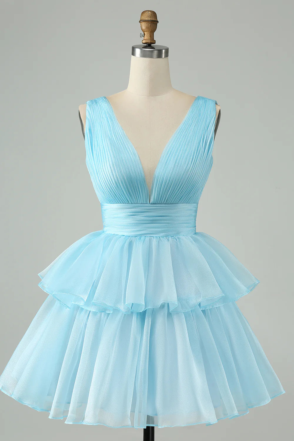 Amzcw Cute Sky Blue A Line V Neck Backless Pleated Tiered Short Homecoming Dress