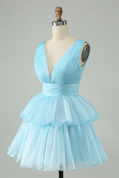 Amzcw Cute Sky Blue A Line V Neck Backless Pleated Tiered Short Homecoming Dress