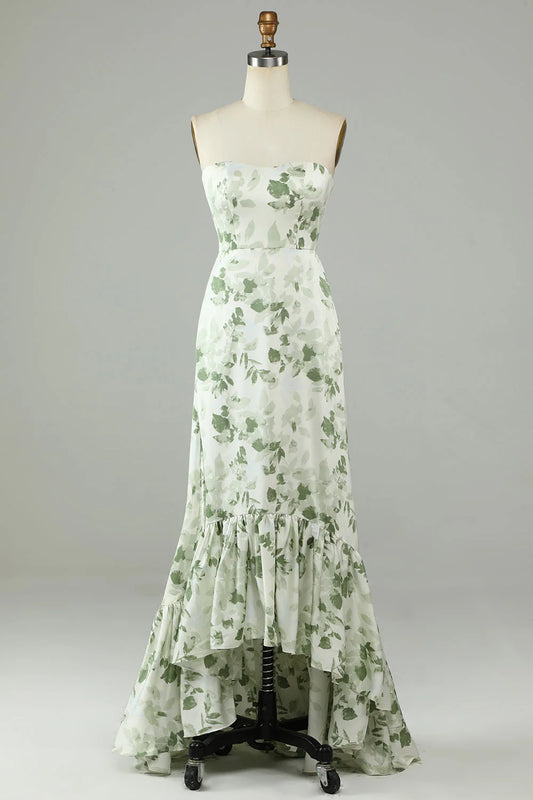 Amzcw Asymmetrical Strapless Printed Green Long Bridesmaid Dress