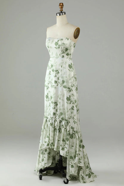 Amzcw Asymmetrical Strapless Printed Green Long Bridesmaid Dress