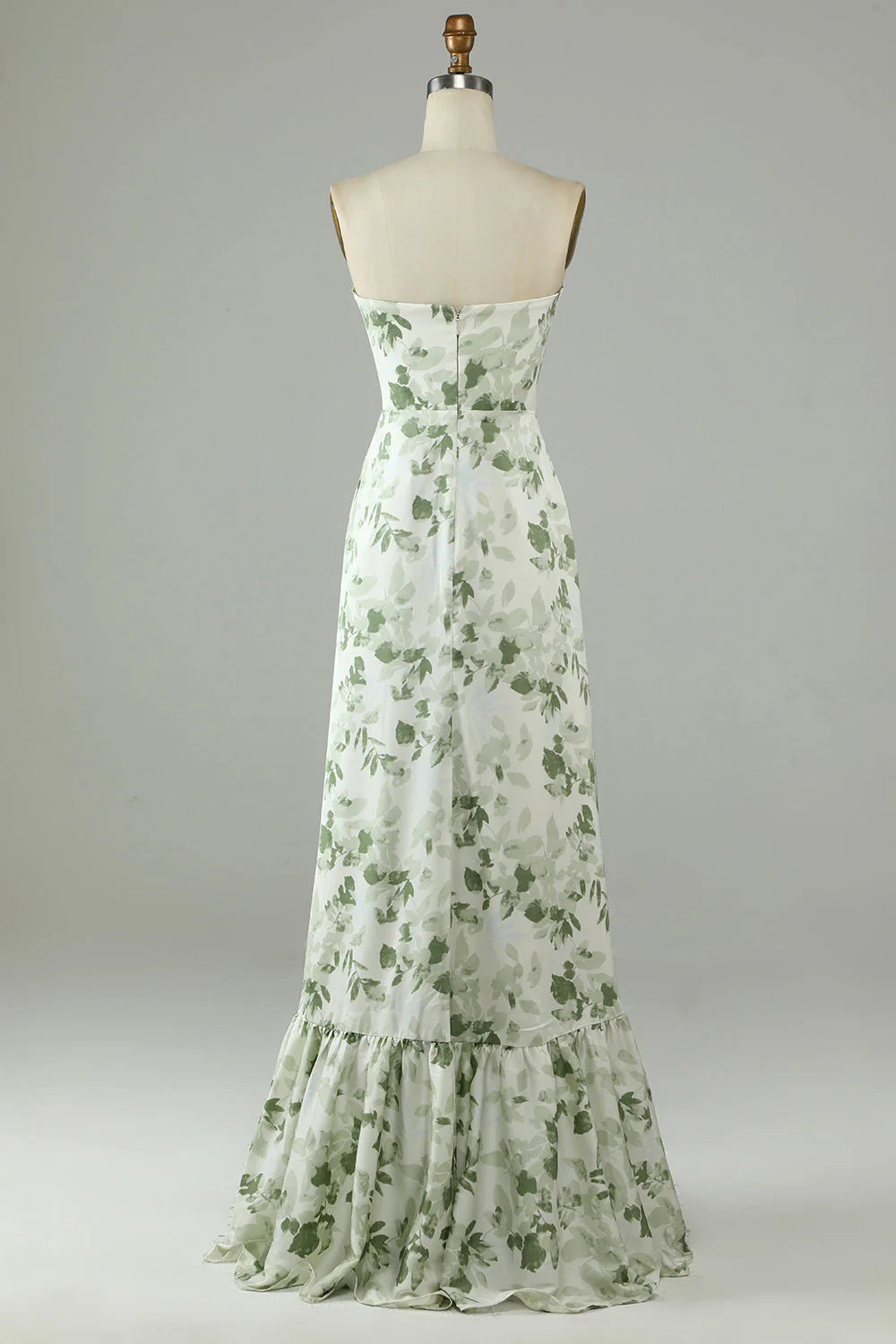 Amzcw Asymmetrical Strapless Printed Green Long Bridesmaid Dress