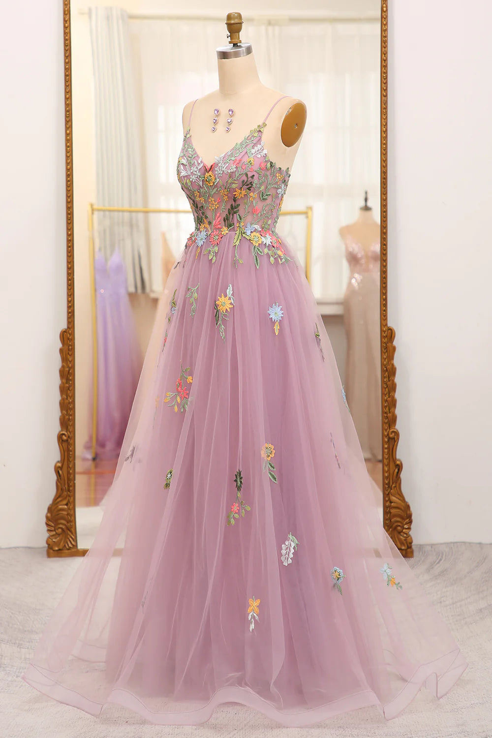 Amzcw Mauve A Line Spaghetti Straps Tulle Long Prom Dress With Embroidery