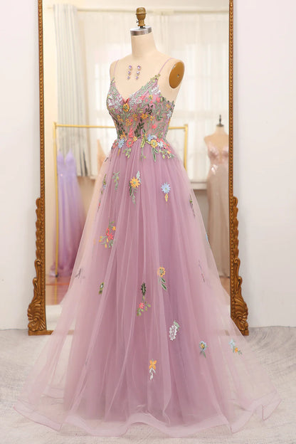 Amzcw Mauve A Line Spaghetti Straps Tulle Long Prom Dress With Embroidery