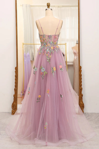 Amzcw Mauve A Line Spaghetti Straps Tulle Long Prom Dress With Embroidery