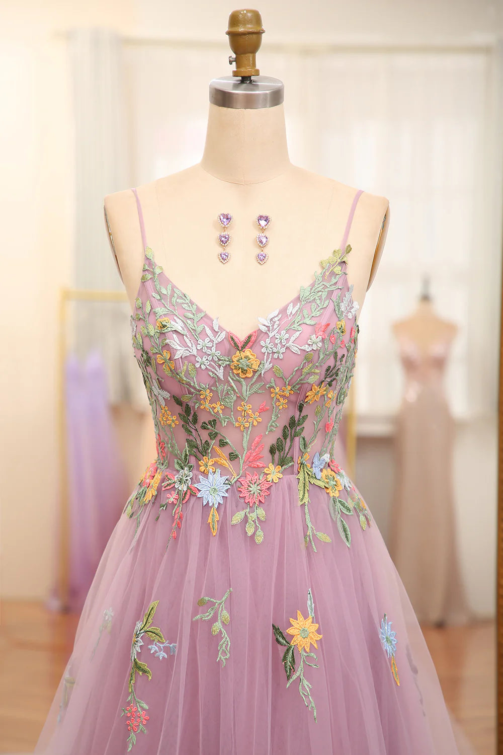 Amzcw Mauve A Line Spaghetti Straps Tulle Long Prom Dress With Embroidery