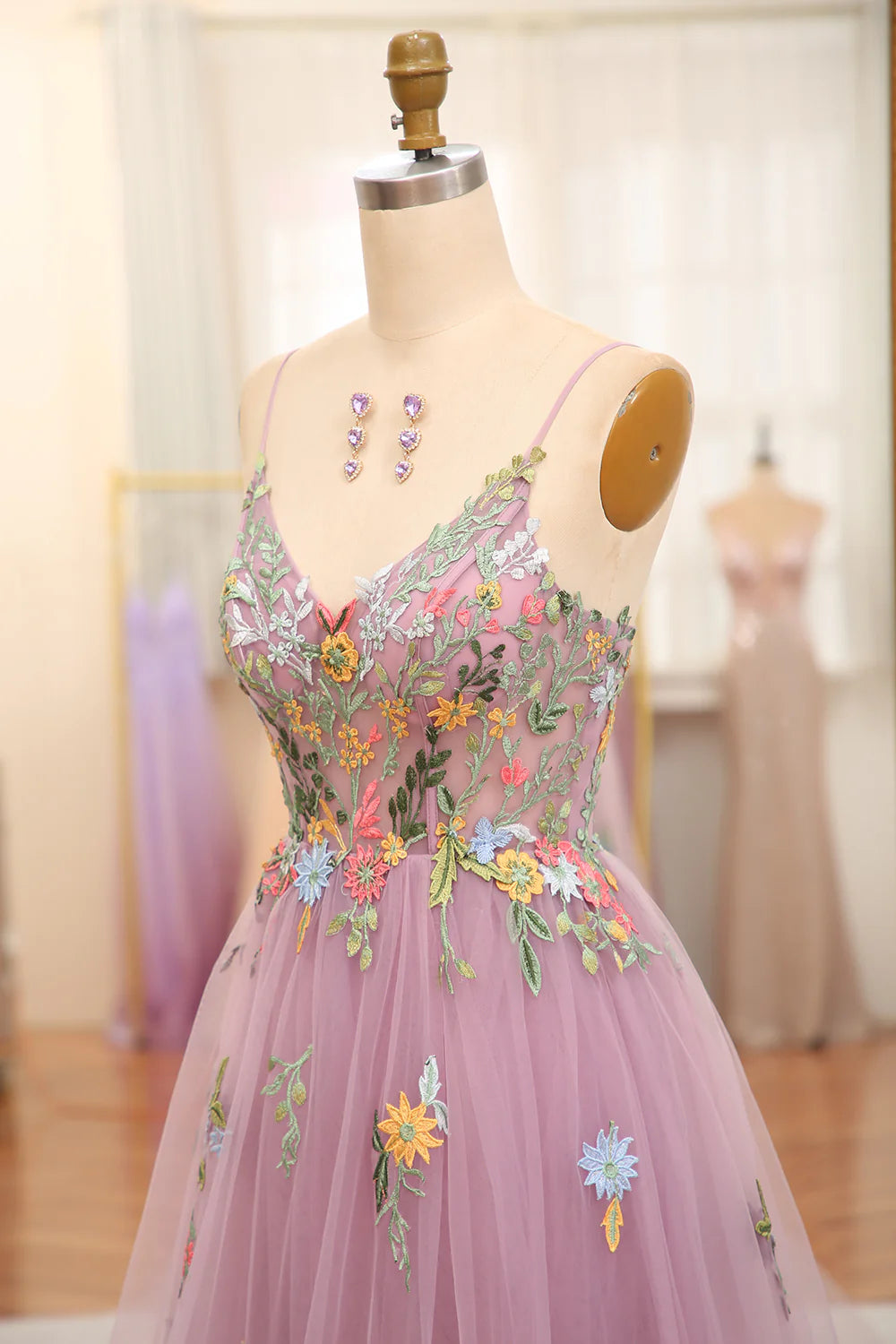 Amzcw Mauve A Line Spaghetti Straps Tulle Long Prom Dress With Embroidery