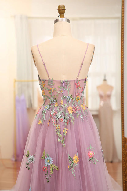 Amzcw Mauve A Line Spaghetti Straps Tulle Long Prom Dress With Embroidery