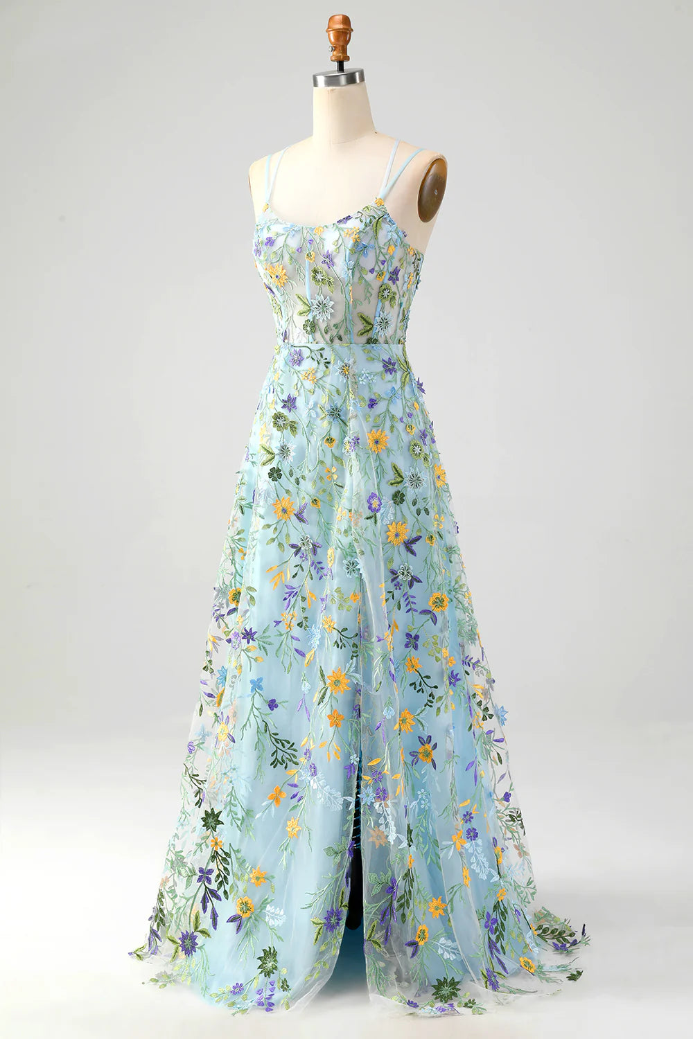 Amzcw Blue Flower A Line Spaghetti Straps Front Slit Corset Prom Dress With Embroidery