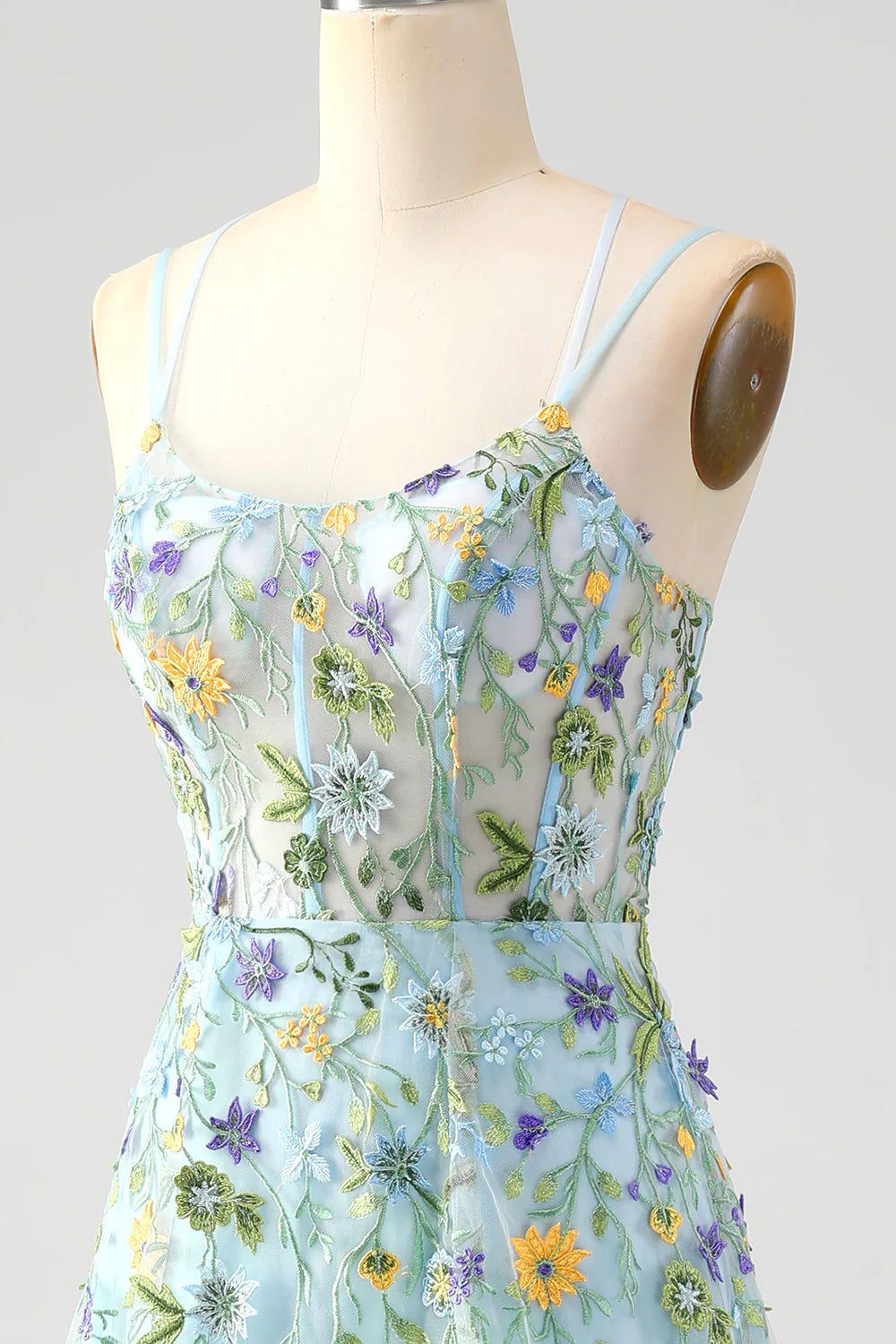 Amzcw Blue Flower A Line Spaghetti Straps Front Slit Corset Prom Dress With Embroidery