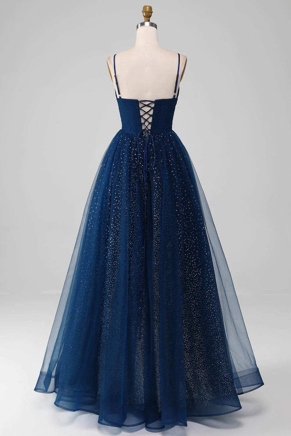 Amzcw Navy Ball-Gown Spaghetti Straps V-Neck Long Beaded Tulle Prom Dresses