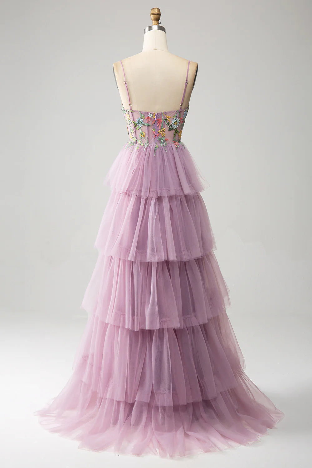 Amzcw Mauve A-Line Spaghetti Straps Tulle Corset Tiered Prom Dress With Appliques