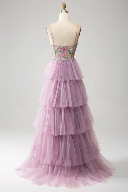 Amzcw Mauve A-Line Spaghetti Straps Tulle Corset Tiered Prom Dress With Appliques