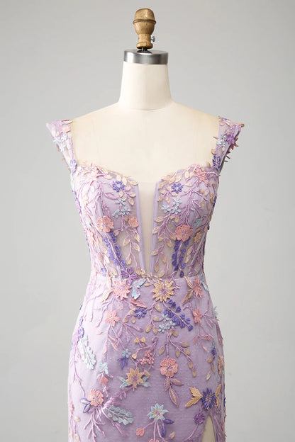 Amzcw Mauve Mermaid Square Neck Split Front Prom Dress With Appliques