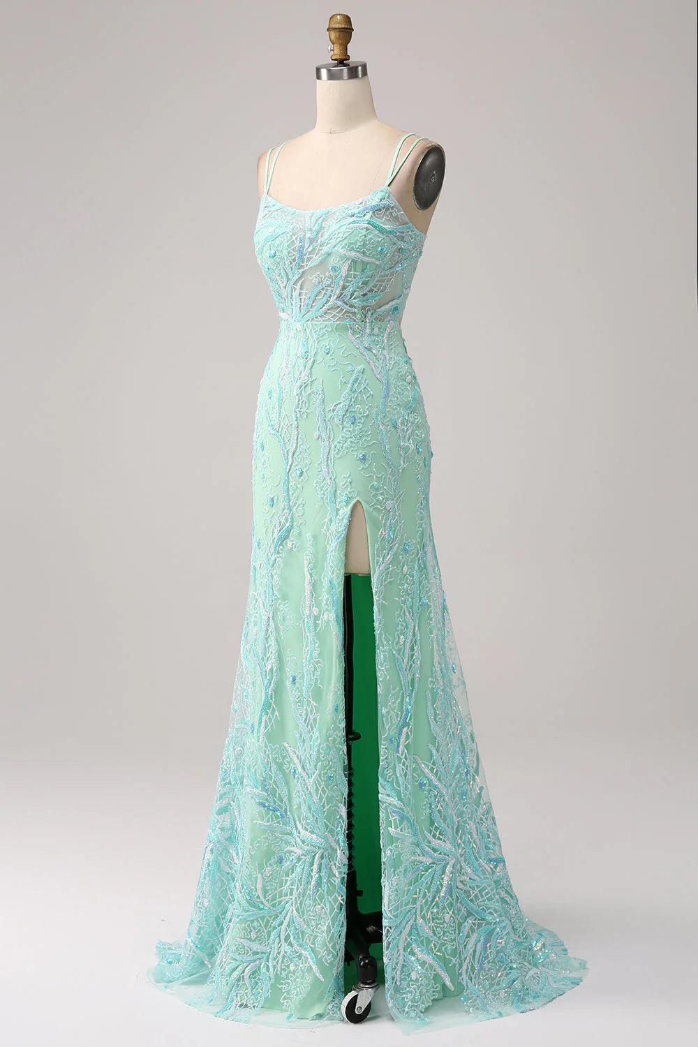 Amzcw Green Mermaid Spaghetti Straps Sequins Long Prom Dress with Slit prom dresses shops