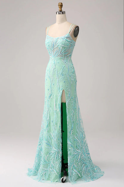 Amzcw Green Mermaid Spaghetti Straps Sequins Long Prom Dress with Slit prom dresses shops