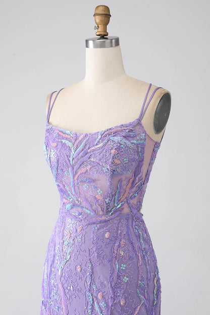 Amzcw Mermaid Lace-Up Back Lilac Sequins Prom Dress with Slit prom dresses with long sleeves
