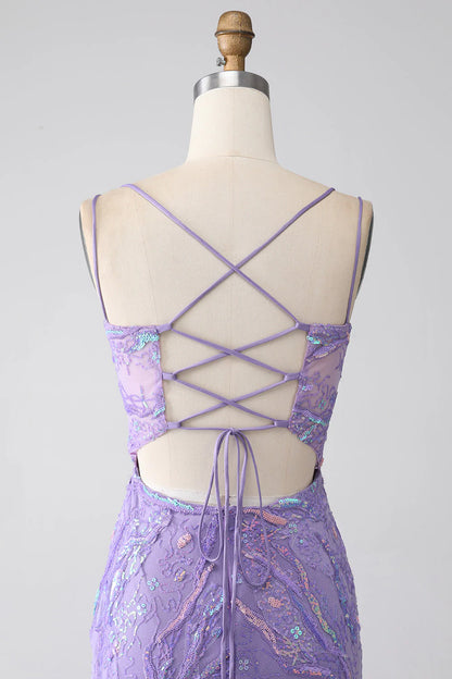 Amzcw Mermaid Lace-Up Back Lilac Sequins Prom Dress with Slit prom dresses with long sleeves