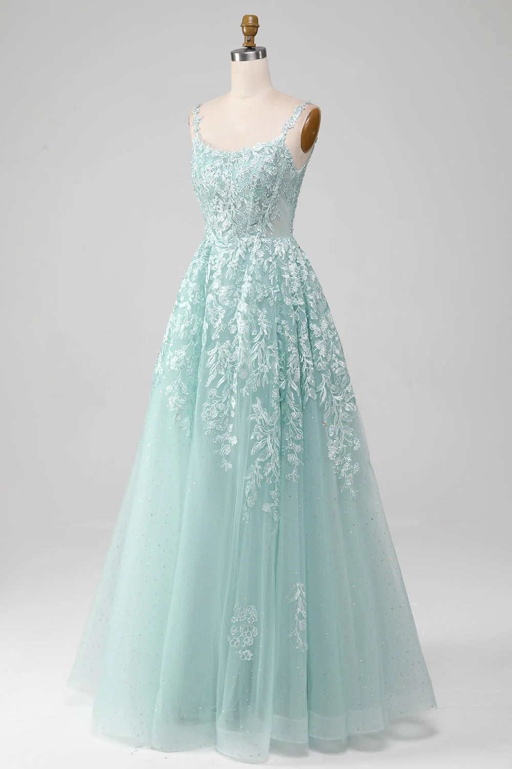 Amzcw Glitter Mint A-Line Spaghetti Straps Tulle Long Prom Dress with Lace prom dresses with long sleeves