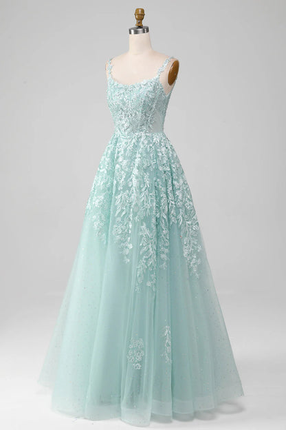 Amzcw Glitter Mint A-Line Spaghetti Straps Tulle Long Prom Dress with Lace prom dresses with long sleeves