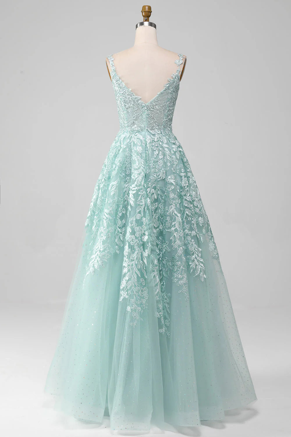 Amzcw Glitter Mint A-Line Spaghetti Straps Tulle Long Prom Dress with Lace prom dresses with long sleeves