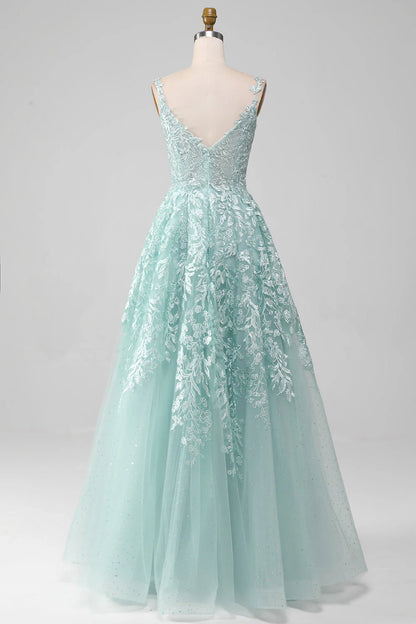 Amzcw Glitter Mint A-Line Spaghetti Straps Tulle Long Prom Dress with Lace prom dresses with long sleeves