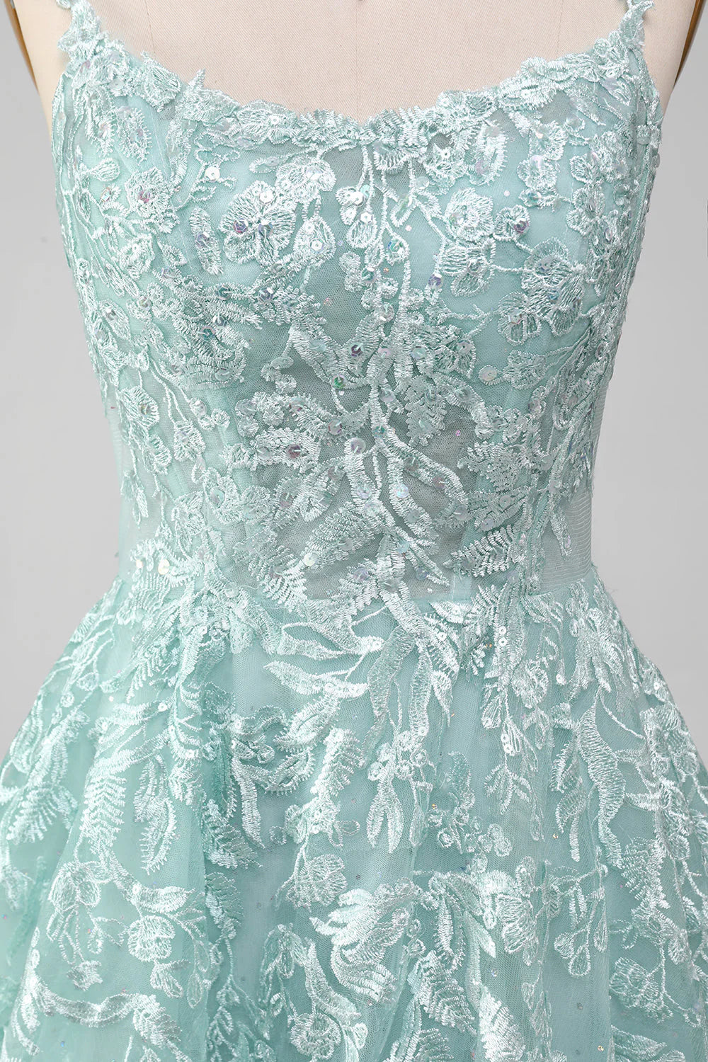 Amzcw Glitter Mint A-Line Spaghetti Straps Tulle Long Prom Dress with Lace prom dresses with long sleeves
