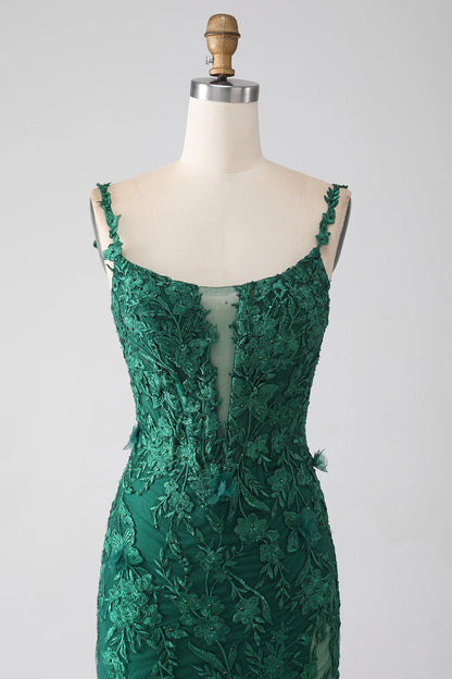 Amzcw Dark Green Mermaid Spaghetti Straps Long Prom Dress with Appliques prom dresses shops