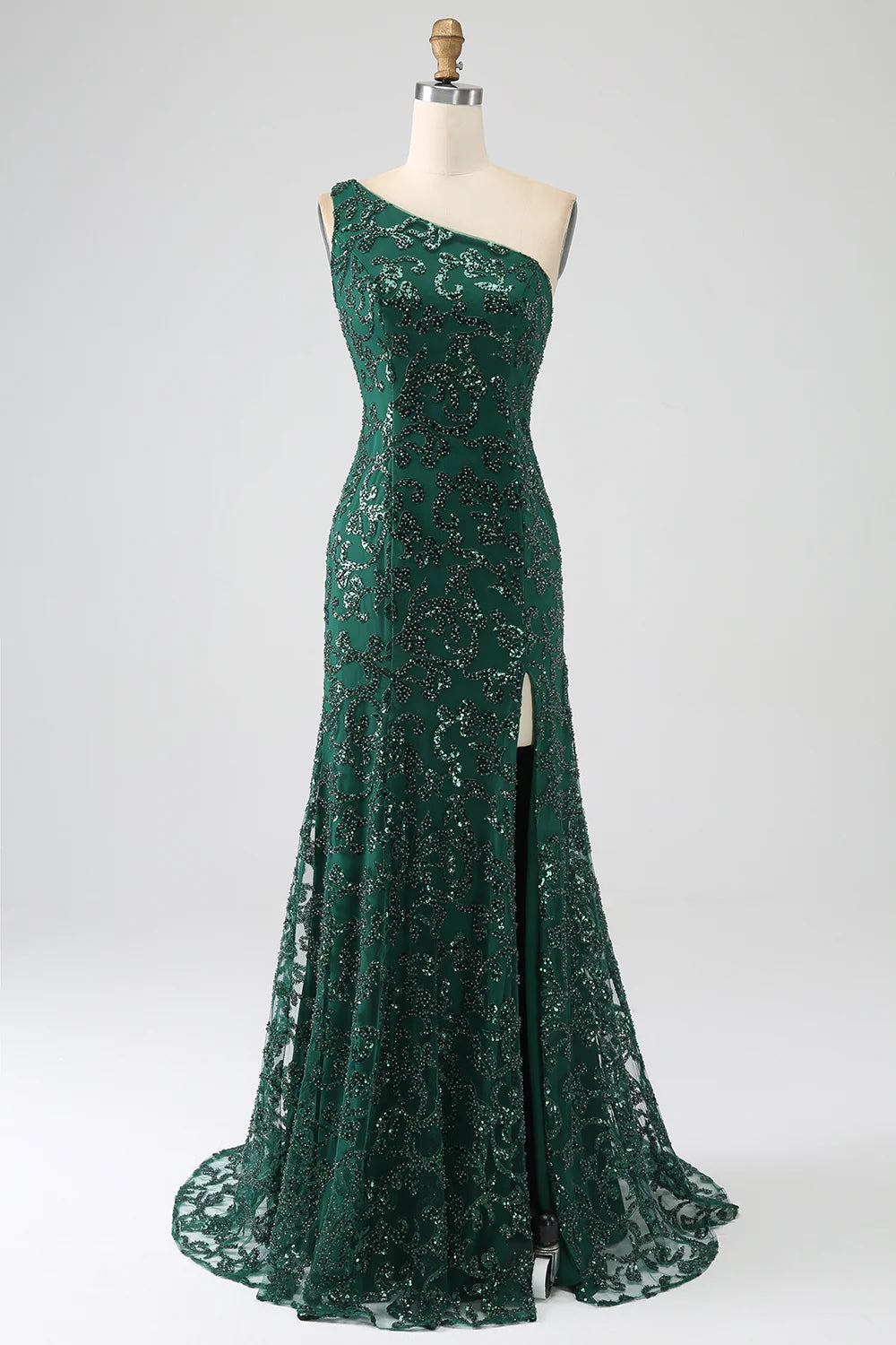 Amzcw Sparkly Dark Green Mermaid One Shoulder Sequin Prom Dress with Slit