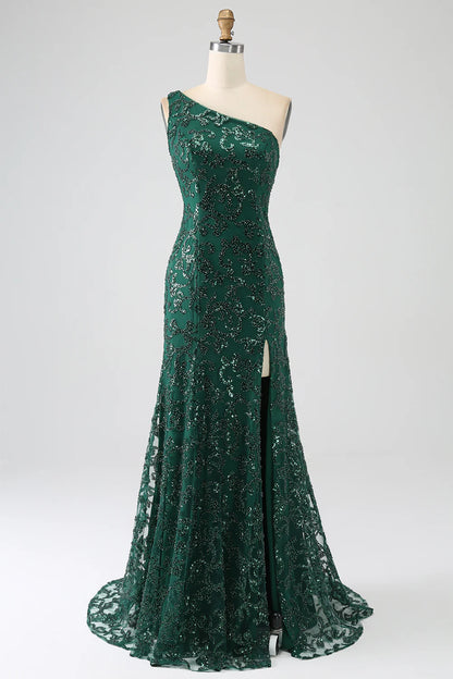 Amzcw Sparkly Dark Green Mermaid One Shoulder Sequin Prom Dress with Slit